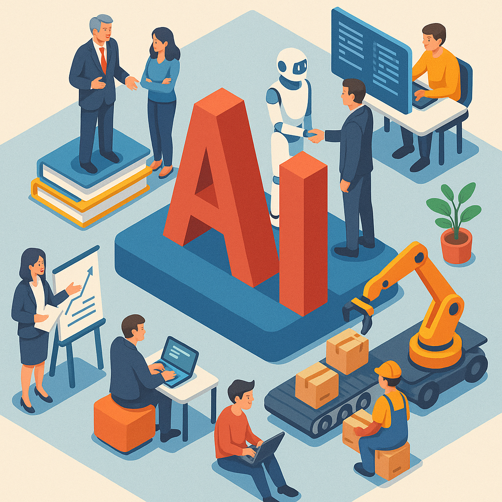 Ofis ortamı, yapay zekâ kontrollü üretim hattı, veri analiz istasyonu ve farklı meslek gruplarının birlikte çalıştığı bir isometrik iş dünyası sahnesi.