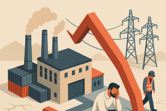 İçinde fabrika, işsiz kalmış çalışan figürleri ve kapanan üretim tesisleri bulunan isometrik bir sanayi illüstrasyonu.