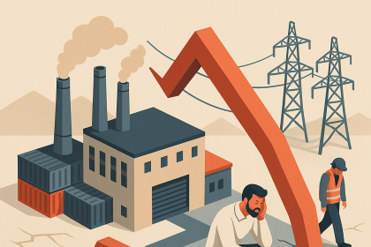 İçinde fabrika, işsiz kalmış çalışan figürleri ve kapanan üretim tesisleri bulunan isometrik bir sanayi illüstrasyonu.