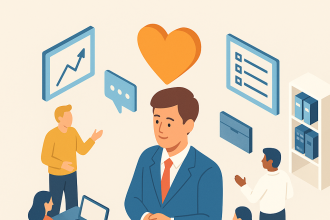 İşyerinde empati temelli insan merkezli liderlik yaklaşımını gösteren isometrik illüstrasyon: Takım üyeleriyle iletişim kuran lider, arka planda dijital ikonlar, kalp simgesi ve çalışma ortamı detayları.