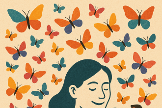 Ofis ortamında çalışan bir ekip; ortada duygusal ifadeye sahip bir kadın figürü yer alıyor. Etraflarında uçuşan çok sayıda renkli kelebek, duyguların çeşitliliğini ve kırılganlığını simgeliyor. Yazı içermeyen retro tarzda bir illüstrasyon.