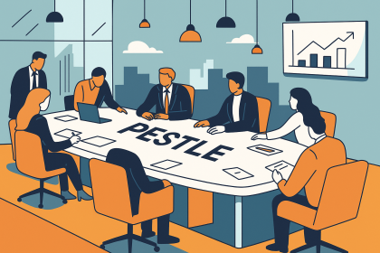 Sekiz kişilik bir iş toplantısında, büyük bir masanın ortasında “PESTLE” yazısı yer almakta. Katılımcılar modern bir ofis ortamında, arka planda şehir manzarası eşliğinde strateji toplantısı yapıyor.