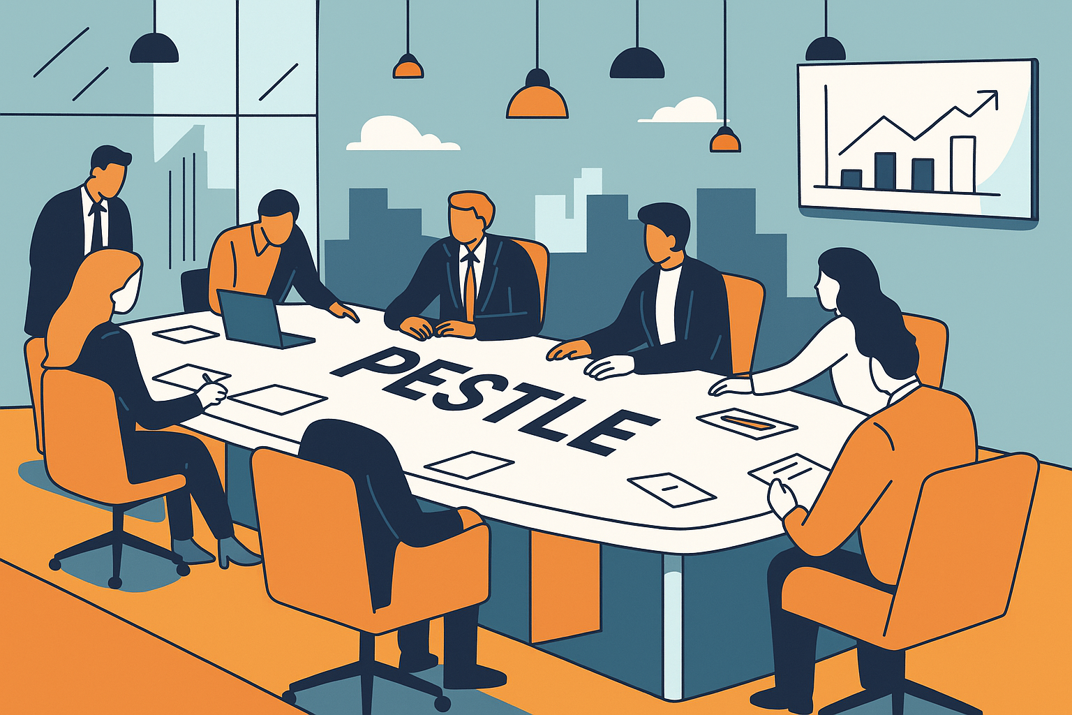 Sekiz kişilik bir iş toplantısında, büyük bir masanın ortasında “PESTLE” yazısı yer almakta. Katılımcılar modern bir ofis ortamında, arka planda şehir manzarası eşliğinde strateji toplantısı yapıyor.