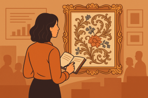 Sanat galerisinde Rokoko tarzı bir tabloyu inceleyen, elinde not defteri olan kadın; arka planda kurumsal figürler ve grafik çizimler.