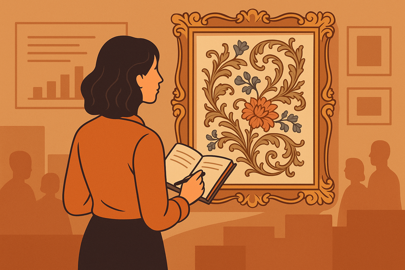 Sanat galerisinde Rokoko tarzı bir tabloyu inceleyen, elinde not defteri olan kadın; arka planda kurumsal figürler ve grafik çizimler.