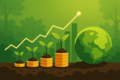 Altın paralar üzerinde büyüyen bitkiler, yükselen grafik ve yeşil tonlarda bir dünya küresiyle çevresel ve finansal sürdürülebilirliği simgeleyen illüstrasyon.