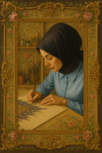 Tuba Asiltürk'ün geleneksel desenler üzerinde çalıştığı, Rokoko tarzı çiçek motifleriyle süslenmiş ve altın çerçeve içine yerleştirilmiş bir tabloyu gösteren illüstrasyon.