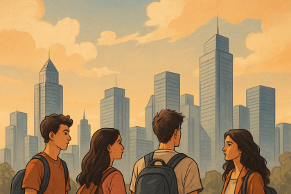 farklı görünümlerde beş genç figür, çeşitli yönlere uzanan belirsiz yolların başında birlikte duruyor. Gökyüzü gri tonlarda, yer yer umut ışıkları beliriyor.