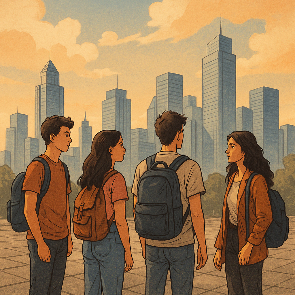 farklı görünümlerde beş genç figür, çeşitli yönlere uzanan belirsiz yolların başında birlikte duruyor. Gökyüzü gri tonlarda, yer yer umut ışıkları beliriyor.