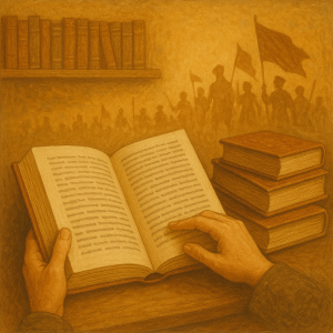 Açık bir kitabı tutan eller, arka planda kitap rafları ve bayrak taşıyan insan siluetlerinin olduğu klasik tarzdaki bir illüstrasyon.