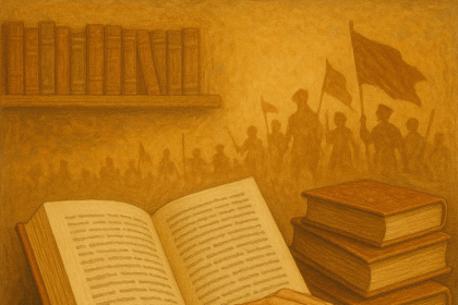 Açık bir kitabı tutan eller, arka planda kitap rafları ve bayrak taşıyan insan siluetlerinin olduğu klasik tarzdaki bir illüstrasyon.