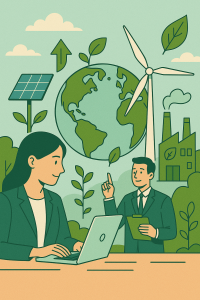 Kadın bir çalışan laptopla çalışırken, arka planda yeşil enerji simgeleri, dünya küresi, rüzgar türbini, güneş paneli ve çevreci fabrika bulunan düz çizim tarzında yeşil temalı bir illüstrasyon.