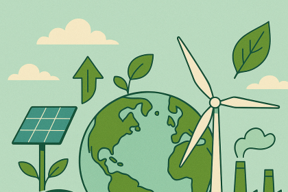 Kadın bir çalışan laptopla çalışırken, arka planda yeşil enerji simgeleri, dünya küresi, rüzgar türbini, güneş paneli ve çevreci fabrika bulunan düz çizim tarzında yeşil temalı bir illüstrasyon.