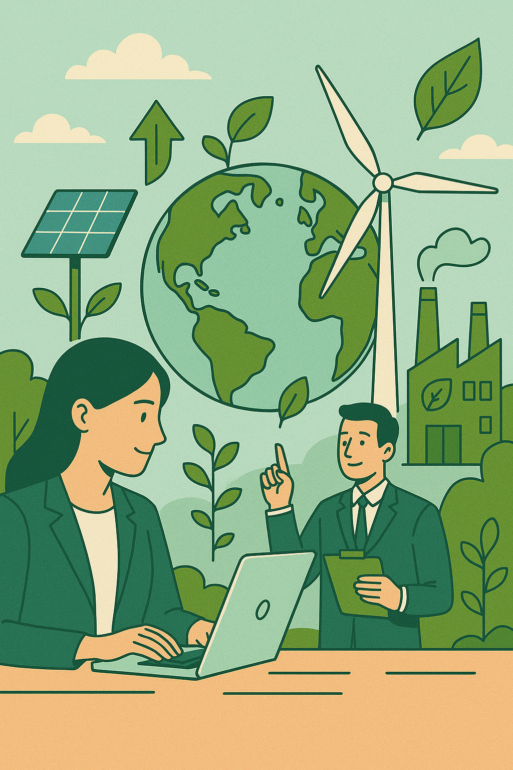 Kadın bir çalışan laptopla çalışırken, arka planda yeşil enerji simgeleri, dünya küresi, rüzgar türbini, güneş paneli ve çevreci fabrika bulunan düz çizim tarzında yeşil temalı bir illüstrasyon.