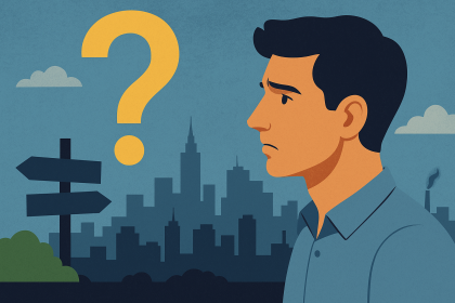 Yön tabelaları ve büyük bir soru işareti önünde düşünceli şekilde bakan genç bir erkek, arka planda şehir silueti.