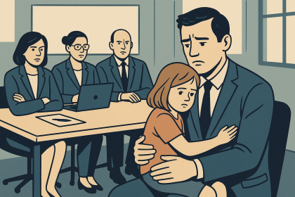 Bu görsel, iş dünyasında çocuk sahibi profesyonellerin karşılaştığı görünmez yükleri, önyargıları ve sessiz dışlanmayı sembolik olarak temsil eder. Kurumsal toplantı masasında çocuğuyla birlikte bulunan bir ebeveynin yüzündeki endişe, sistemin ebeveynliği nasıl dışladığını ve empati eksikliğini vurguluyor.