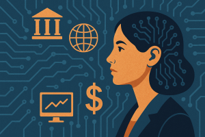 Koyu saçlı bir kadın profili, arka planda dijital devre desenleri ve yapay zekâ, finans ve küresel ekonomi simgeleriyle çevrili bir dijital illüstrasyon.