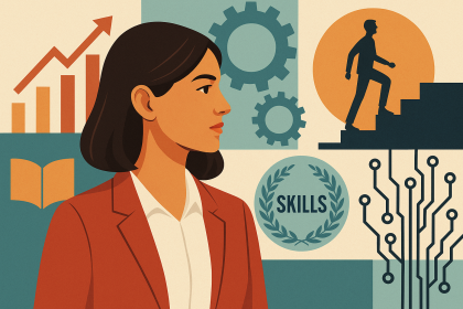 Kırmızı ceketli genç bir kadın, arka planda grafikler, dişliler, kitap ve "skills" yazılı bir rozet ile beceri gelişimi ve kariyer temasını yansıtan dijital illüstrasyon.