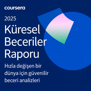 2025 Coursera Küresel Beceriler Raporu kapağı; lacivert zemin üzerine küresel ağ görseli ve pembe-yeşil geometrik şekil, Türkçe başlık ve açıklama metinleri ile