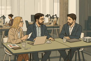 Cam bir ofis içinde üç iş profesyonelinin toplantı yaptığı dijital illüstrasyon; biri kadın, ikisi erkek olan katılımcılar masa etrafında stratejik bir görüşme yapıyor, arka planda açık ofis düzeninde çalışanlar yer alıyor.