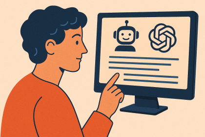 Bilgisayar ekranında ChatGPT ve robot simgeleriyle etkileşimde bulunan bir kişinin illüstrasyonu; yapay zekâ destekli özgeçmiş hazırlığını simgeliyor.