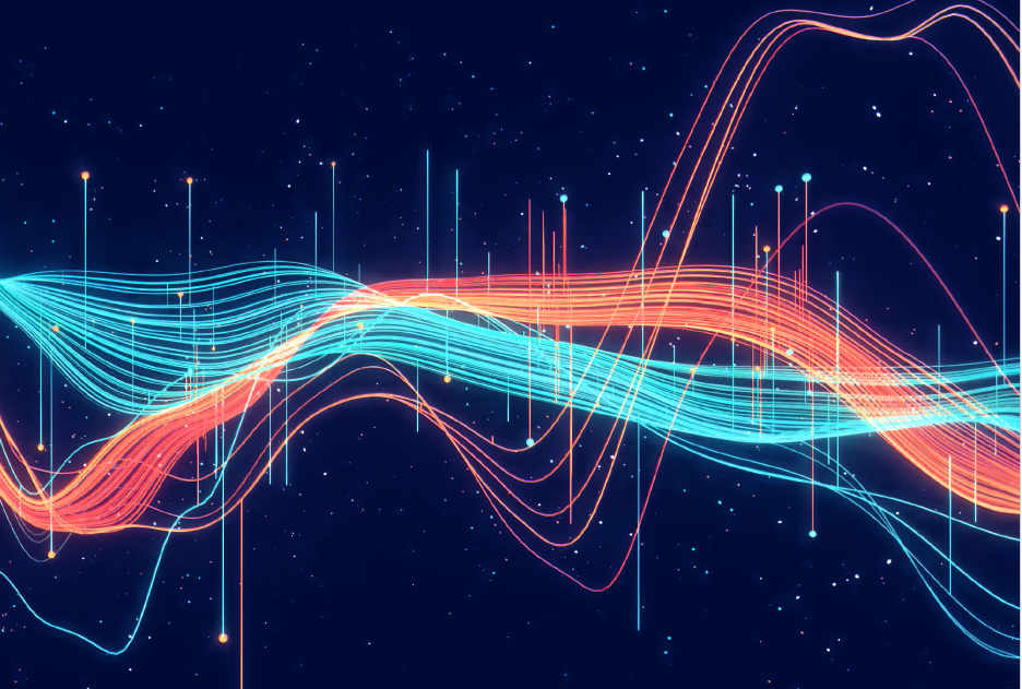Kırmızı, turuncu ve mavi tonlarla çizilmiş, içinden devre hatları geçen insan başı profili şeklinde yapay zekâ temalı modern vektör illüstrasyon.