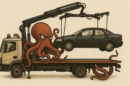 Dört tekerlekten asılı şekilde bir sedana yardım eden bir çekici kamyonun üzerinde yer alan dev bir ahtapot, aracın bataryasına zarar vermeden onu nazikçe taşıyor. Arka plan sade, renkler toprak tonlarında. Görsel, yeni nesil yol yardım hizmetlerini temsil ediyor.