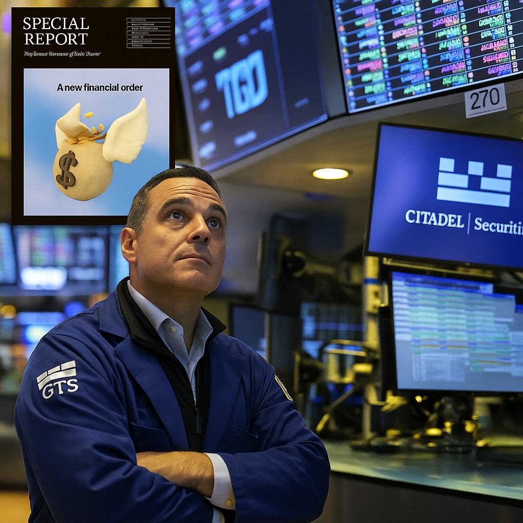 Yeni finansal düzeni simgeleyen para torbası ve Wall Street borsasında ekranlara bakan bir trader’ın birleştirilmiş dijital görseli