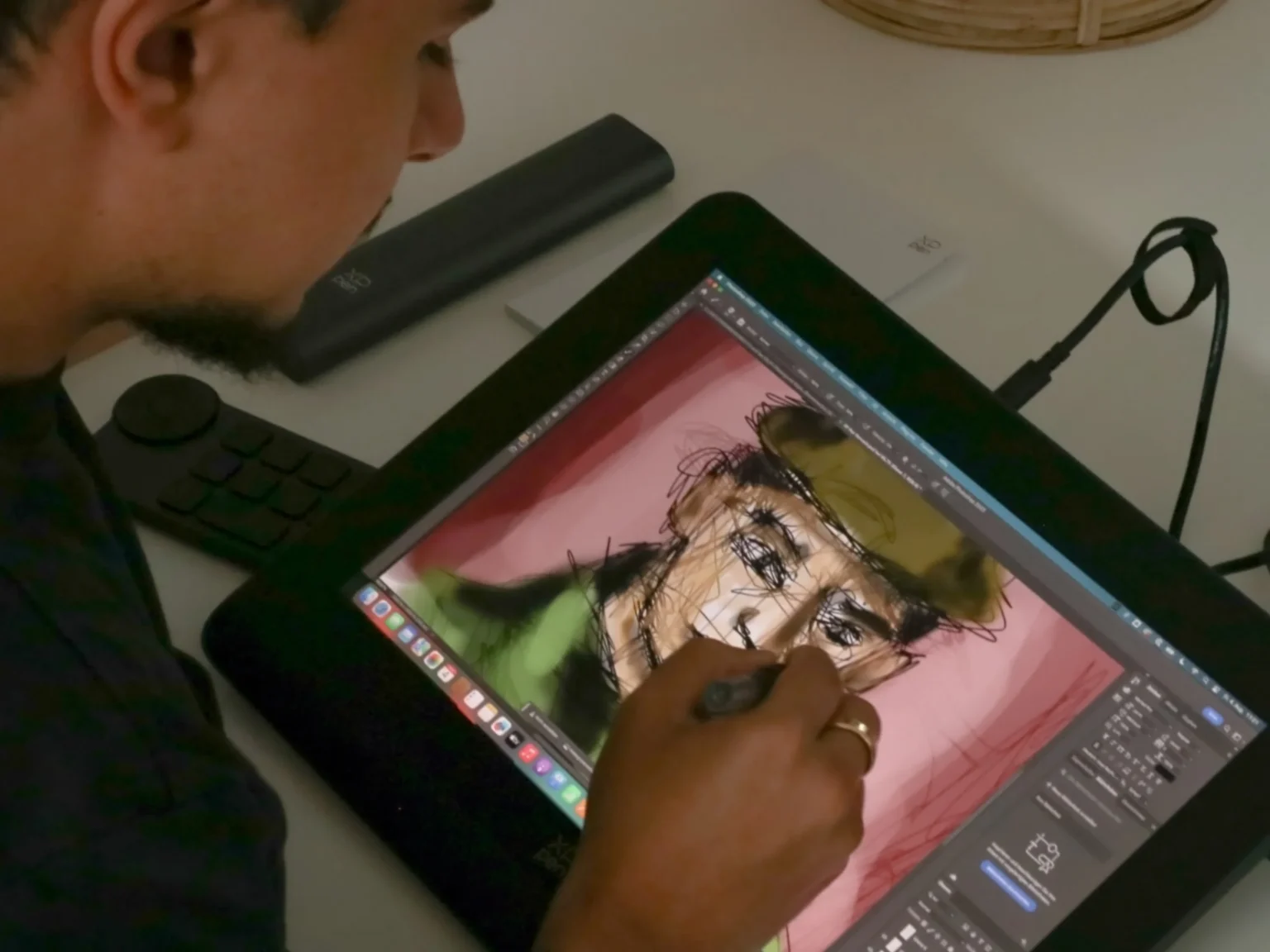 Grafik tablet üzerinde bir portre çizen sanatçının yakın çekim fotoğrafı; dijital sanat üretimi süreci.
