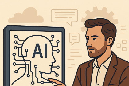 Bir adam, yapay zekâ başlıklı bir ekranla etkileşime geçiyor; ekranın üzerinde insan profili şeklinde devre şemaları bulunuyor.