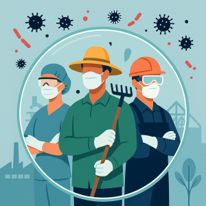 Koruyucu kıyafet ve maskelerle donatılmış bir sağlık çalışanı, çiftçi ve fabrika işçisi; arka planda fabrika, sera ve laboratuvar silüetleri, ön planda biyolojik tehditlere karşı onları koruyan bir şeffaf kalkan.