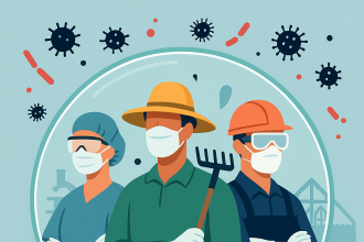 Koruyucu kıyafet ve maskelerle donatılmış bir sağlık çalışanı, çiftçi ve fabrika işçisi; arka planda fabrika, sera ve laboratuvar silüetleri, ön planda biyolojik tehditlere karşı onları koruyan bir şeffaf kalkan.