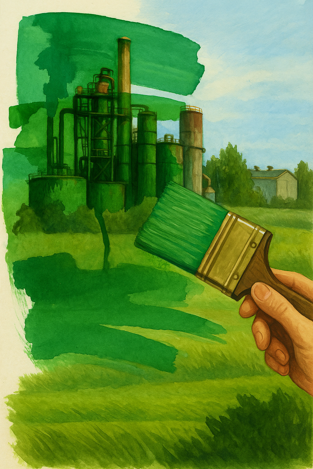 Yeşil boya fırçasıyla boyanmış bir sanayi tesisi, çevreye zarar veren fabrikaların yeşil imajla gizlenmesini simgeleyen illüstrasyon.