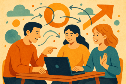 Üç farklı karakterin yuvarlak bir masa etrafında bir dizüstü bilgisayar üzerinden iş birliği yaptığı, arka planda oklar ve şekillerle takım çalışmasını simgeleyen dijital bir illüstrasyon.