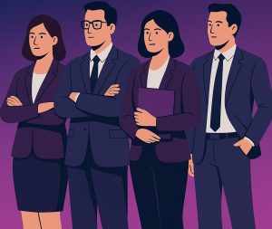 Dört farklı etnik kökenden gelen takım elbiseli profesyonelin yer aldığı bir dijital illüstrasyon. Arka planda mor bir zemin ve parlak bağlantılarla şekillendirilmiş yapay zekâ beyni simgesi yer alıyor. Görsel, yapay zekâ çağında orta düzey yöneticilerin liderlik rolünü vurguluyor.