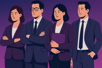 Dört farklı etnik kökenden gelen takım elbiseli profesyonelin yer aldığı bir dijital illüstrasyon. Arka planda mor bir zemin ve parlak bağlantılarla şekillendirilmiş yapay zekâ beyni simgesi yer alıyor. Görsel, yapay zekâ çağında orta düzey yöneticilerin liderlik rolünü vurguluyor.